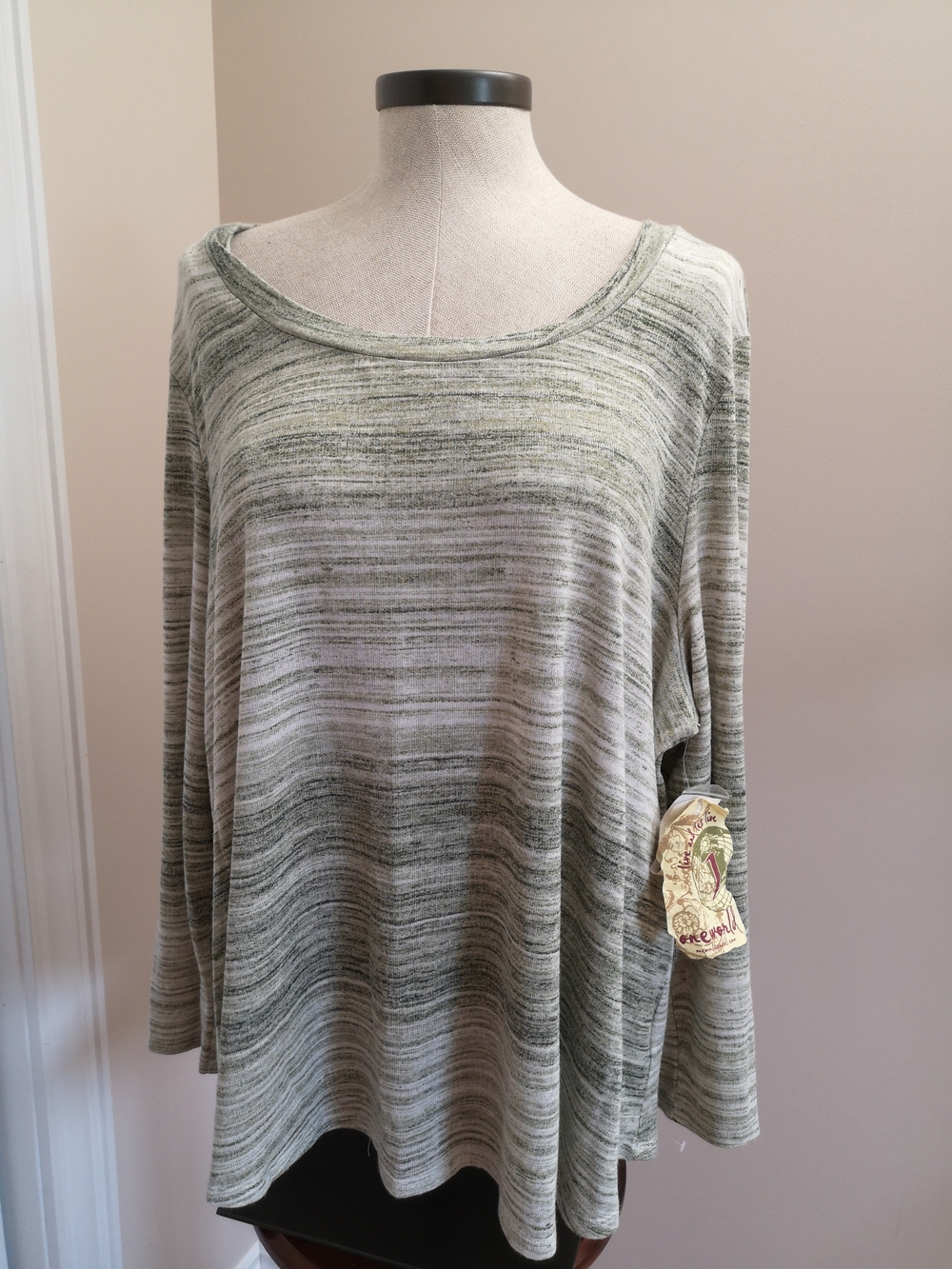 ONE WORLD Striped Scoop Neck Long Sleeve Top in Olive and Cream Size 2X